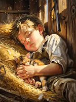 Diamentowa Mozaika Chłopiec Z Kotkiem Na Sianie 30x40 Cm Kreatywne Diamenty