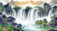 Diamentowa Mozaika Wodospad Z Małą Chatką U Podnóża Haft Kreatywny 80x40 Cm