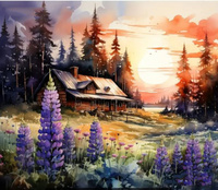 Diamentowa Mozaika Fioletowe Kwiaty Szafirki Chatka Zachód Słońca 30x40 Cm