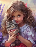 Diamentowa Mozaika Mała Dziewczynka Z Kotem 30X40 Cm Kreatywne Diamenty