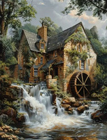 Malowanie Po Numerach Drewniany Młyn Nad Rzeką 40X50 Cm Na Ramie