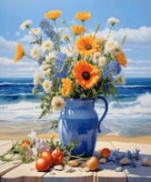 Malowanie Po Numerach Wazon Z Kwiatami Nad Brzegiem Morza 40X50 Cm Na Ramie