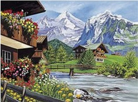 Malowanie Po Numerach Domki W Górach Nad Potokiem 40X50 Cm Na Ramie
