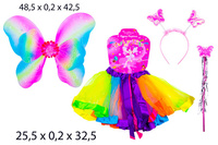 STRÓJ MOTYL (Z WSTĄŻKA SPÓDNICZKA , SKRZYDŁA Z KWIATKIEM , OPASKA Z MOTYLKAMI, RÓZDŻKA ) pak 100
dl 50 cm x sz 1 cm x w 59 cm