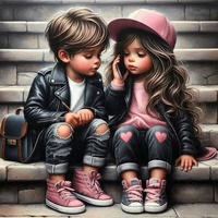 Malowanie Po Numerach Słodka Dziewczyna Z Chłopcem Na Schodach 40X50 Z Ramą