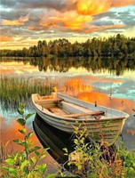 Diamentowa Mozaika Łódka na Jeziorze O Zachodzie Słońca 30x40 Cm Kreatywne