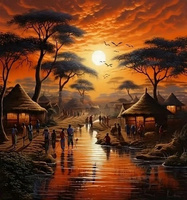 Malowanie Po Numerach Zachód Słońca w Wiosce Afryka 40X50 Z Ramą