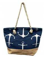 TORBA PLAŻOWA/MIEJSKA KOTWICE CIEMNA, pak 240, 
różne wzory z morskim motywem, kotwice na ciemnym tle, uchwyty ze sznurków
wymiary 56 x 16 x 36 cm