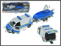 AUTO MET. POLICJA BUS VOLKSWAGEN T6.1(2019) Z ŁODZIĄ NA PRZYCZEPIE 29 CM, KARTON 
Auto metalowe z napędem typu "pull back" z otwieranymi drzwiami oraz z otwieraną tylną klapą. 
wymiar auta: 13,5 x 6 x 5 cm, przyczepy: 14 x 5 x 8,5 cm, opakowania: 28 x 11 