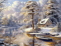 Diamentowa Mozaika Chata Zimą nad Rzeką z Łodzią 30X40 Cm