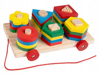 Drewniany Wózek Z Piramidkami Różne Kształty Zabawka Montessori