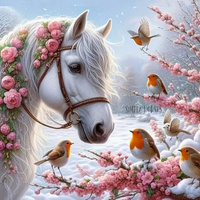 Malowanie Po Numerach Koń Z Ptakami Na Gałęzi 40X50 Cm Na Ramie Kreatywne