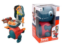 DINOZAUR ROZKŁADANY Z ZESTAWEM NARZĘDZI, pak 36/18 
duży dinozaur-pojemnik z otwieraną paszczą tworzącą warsztat. Skrytka w brzuchu dinozaura na narzędzia. 
wymiary dinozaura-pojemnika: 37,3 x 22,9 x 27,5 cm
wymiary pudełka: 17,5 x 19 x 30 cm