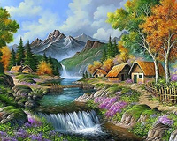 Malowanie Po Numerach Domki nad Górską Rzeką 40x50 Na Ramie