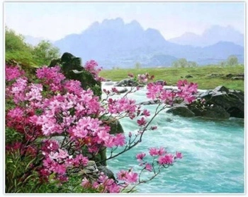 Diamentowa Mozaika Górski Potok Różowe Krzewy 30x40 Cm Kreatywne Diamenty