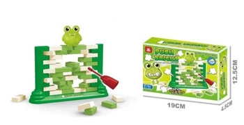 GRA ŻABA NA MURZE, pak 120/60 
zręcznościowa gra planszowa, wytrącamy cegiełki, tak, by żaba nie upadła
w zestawie- szkielet muru, cegiełki, żabka, wskaźnik
rozmiar kartonu: 19 x 4,5 x 12,5 cm