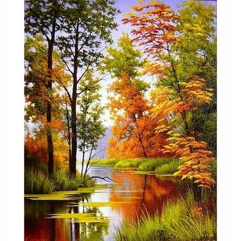 Diamentowa Mozaika Jesień Nad Rzeką 30X40 Cm Kreatywne Diamenty