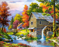 Malowanie Po Numerach Młyn Wodny Nad Rzeką Jesienią 40X50 Rama
