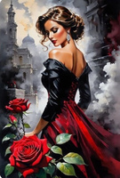 Diamentowa Mozaika Kobieta z Czerwoną Różą Na Tle Miasta 30X40 Cm