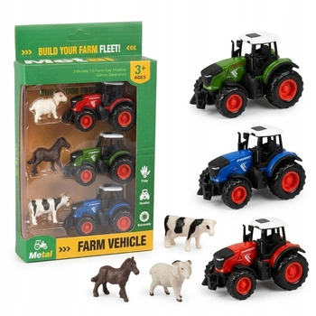 Zestaw Farma 3 Traktory 3 Zwierzęta Koń Krowa Koza Metalowe dla Dzieci