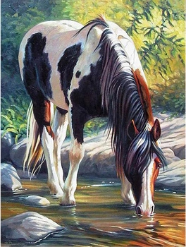 Diamentowa Mozaika Koń Pijący Ze Strumienia Haft Kreatywny 30x40 Cm