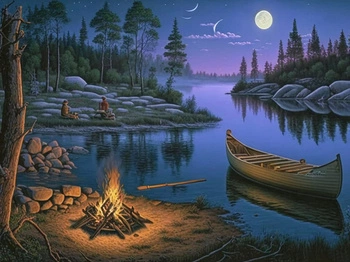 Diamentowa Mozaika Haft Biwak Nocą Z Ogniskiem Nad Jeziorem 30x40 Cm