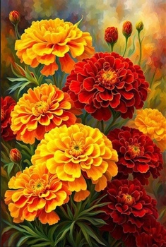 Diamentowa Mozaika Kwiaty Aksamitki Żółto Czerwone 30x40 Cm Kreatywne