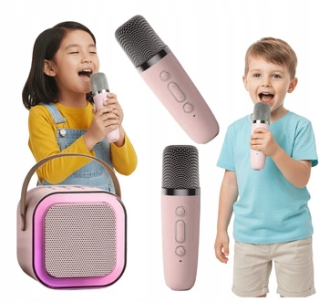 Głośnik Karaoke 2 Mikrofony Bluetooth USB Karta Pamięci Różowy Światła LED