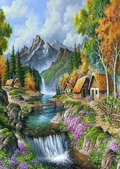 Diamentowa Mozaika Domki Na Tle Góra30x40Cm Kreatywne Diamenty