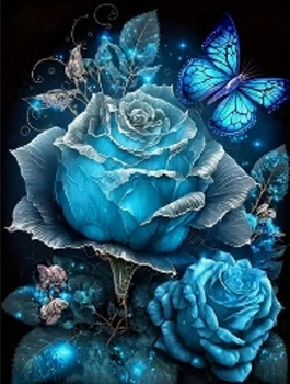 Diamentowa Mozaika Róże Niebieskie Z Motylem 30x40 Cm Kreatywne Diamenty