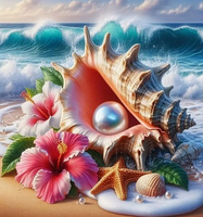 Diamentowa Mozaika Haft Kreatywny Muszla Perła Kwiaty Na Wybrzeżu 30x40 Cm