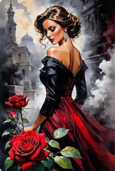 Diamentowa Mozaika Kobieta z Czerwoną Różą Na Tle Miasta 30X40 Cm