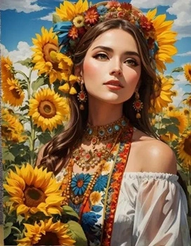 Diamentowa Mozaika Kobieta Słowianka Wśród Słoneczników 30x40 Cm Kreatywne