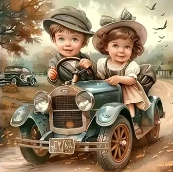 Malowanie Po Numerach Dzieci W Aucie Stare Zdjęcie 40X50 Cm Na Ramie