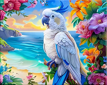 Malowanie Po Numerach Biała Papuga Ara Na Tropikalnej Wyspie 50x40 Z Ramą