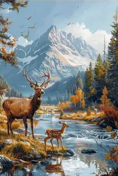 Diamentowa Mozaika Jeleń Na Tle Gór Przy Rzece 30x40 Cm Kreatywne Diamenty