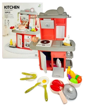 KUCHNIA Z POMPKĄ WODNĄ, ŚWIATŁEM I DŹWIĘKIEM46CM pak 2/12 
Składana kuchnia, szafki, zlew z pompką na wodę, zabawkowa płyta grzewcza ze światłem i dźwiękiem gotującej się wody i smażenia, zastawa, owoce, jajko itp. 
zestaw wymaga baterii 3*AA (nie są zawa