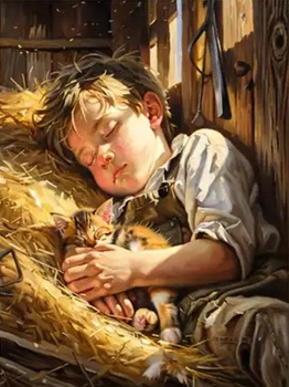 Diamentowa Mozaika Chłopiec Z Kotkiem Na Sianie 30x40 Cm Kreatywne Diamenty