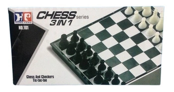 SZACHY WARCABY KÓŁKO I KRZYŻYK 3 W 1 PODRÓŻNE, pak 144 
trzy klasyczne gry planszowe w jednej kasetce: szachy, warcaby, kółko i krzyżyk, 
pudełko zawiera: dwustronną planszę, 56 bierek, 
wymiary pudełka: 19 x 10 x 3 cm