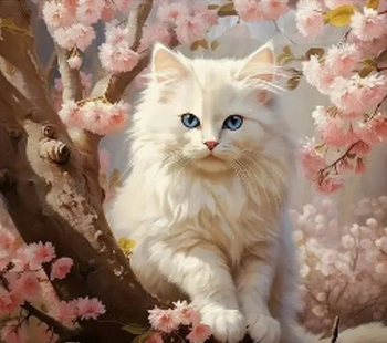 Diamentowa Mozaika Haft Diamentowy Biały Kot Na Drzewie Z Różowymi Kwiatami 30x40