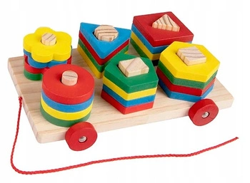 Drewniany Wózek Z Piramidkami Różne Kształty Zabawka Montessori