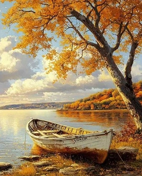 Diamentowa Mozaika Łódka Na Brzegu Jesienią 30x40 Cm Kreatywne Diamenty