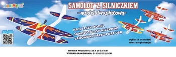 SAMOLOT STYROPIANOWY Z SILINICZKIEM ŁADOWANIE USB KARTON /192/12 
Wymiary produktu 28x29x5 cm ; Wymiary op 31x8,5x2,5 cm;  Waga displaya 0,876 kg szt 0,057 kg
