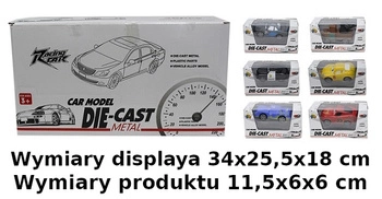 AUTO METAL Z BAJKI KARON*36 BOX 432/216
Wymiary displaya przed rozłoż 34x25,5x18 cm; po rozłożeniu 34x25,5x41,5 cm
Wymiary produktu 11,5x6x6 cm;  Waga displaya 2,400 kg, szt 0,058 kg