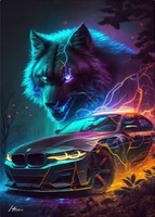 Diamentowa Mozaika Haft Wilka Z Autem Na Tle Zorzy 30x40cm