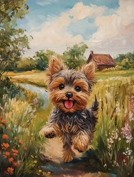 Diamentowa Mozaika Pies York Biegnący Polaną 30x40 Cm Kreatywne Diamenty