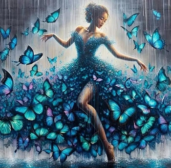 Diamentowa Mozaika Kobieta W Sukni Z Motyli 30x40Cm Kreatywne Diamenty