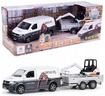 Auto metalowe Bus Z Przyczepą Koparką Białe Z Mechanizmem Pull-Back