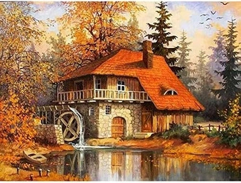 Diamentowa Mozaika Dom Z Młynem Jesienią Haft Kreatywny 30x40 Cm