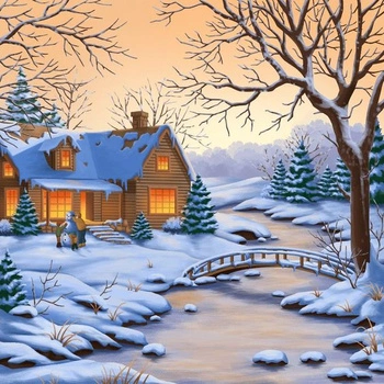 Diamentowa Mozaika Zima Wieczorne Lepienie Bałwana Haft Kreatywny 30x40 Cm